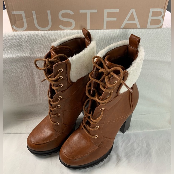 Lug Sole Platform Boots 4” Heel Shandee Sherpa Just Fabulous Saddle Brown Size 6 - Picture 2 of 6